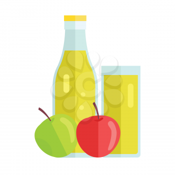 Bottle and glass with apple beverage. Vector in flat design. Sweet summer drink, fresh juice concept. Illustration for icons, labels, prints, logo, menu design, infographics. Isolated on white. 