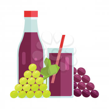 Bottle and glass with grape beverage. Vector in flat design. Sweet summer drink, fresh juice concept. Illustration for icons, labels, prints, logo, menu design, infographics. Isolated on white. 