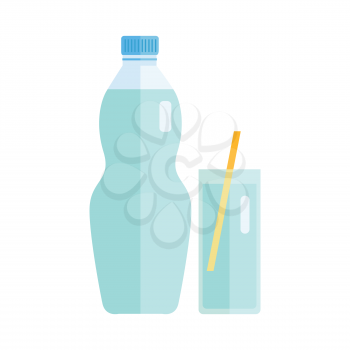 Plastic bottle and glass with beverage. Vector in flat style design. Sweet summer drink concept. Illustration for icons, labels, prints, logo, menu design, infographics. Isolated on white background.