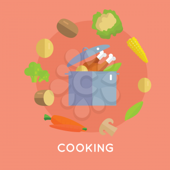 Cooking concept vector. Flat design. Chicken in large steel pot surrounded various vegetables. Soup or broth cooking illustration for recipes, purchases plans icons, ad, prints. On salmon background. 