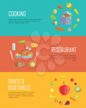 Set of horizontal food banners. Flat design. Collection of food, cooking, restaurant, fruits vegetables vector concepts. Illustration for cafe, restaurant, grocery, farm web page, menus design 