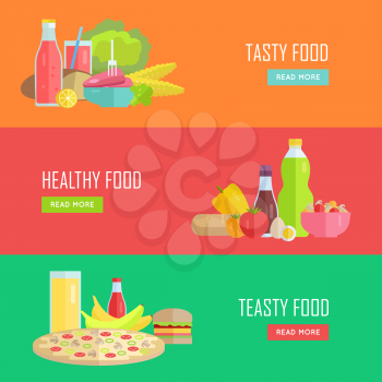 Set of Tasty and Healthy Food banners. Flat design. Collection of nutrition horizontal concept vectors with various foods and drinks. Illustration for cafe, grocery, farm web page, menus design.