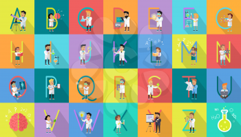 Alphabet science concept. Flat design. ABC vector with scientists at work. Simple colored letters and scientist character collection. Concepts for childrens book, scientific research illustrating.