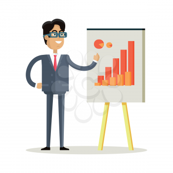 Business man with black hair in business suit and tie making a presentation in front of whiteboard with infographics. Smiling young man personage in flat design isolated on white background.