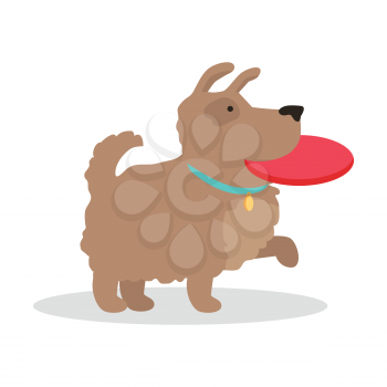Dog with frisbee vector illustration in flat style. Playing with pet picture for animalistic conceptual banners, web, app, icons, infographics, logotype design. Isolated on white background.  