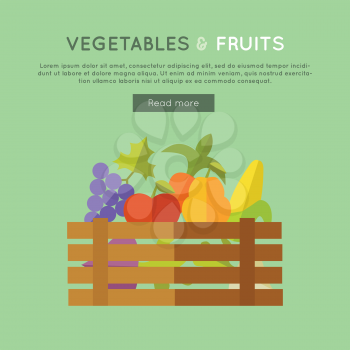 Fruits vegetables vector banner. Flat design. Illustration of wooden box full of fresh farm plants on color background for web design. Farming concept with apple, corn, pear, beets, grapes. 