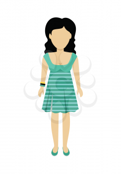 Female character without face in green dress vector in flat design. Woman template personage figure illustration for woman concepts, fashion app, logos, infographic. Isolated on white background.