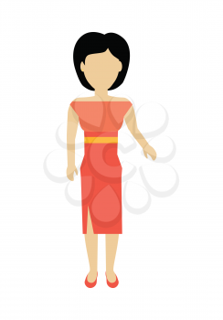 Female character without face in red dress vector in flat design. Woman template personage figure illustration for woman concepts, fashion app, logos, infographic. Isolated on white background.