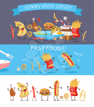 Fast food vector concepts. Flat design. Illustration of french fries, egg, bacon, cheese stick, hot dog, hamburger, chicken, sugar in funny cartoon style story. Image for signboard, icon, infographic
