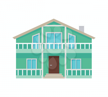 Two stored country house with terrace isolated. Exterior home icon symbol. Residential cottage in green colors. Part of series of modern buildings in flat design style. Real estate concept. Vector
