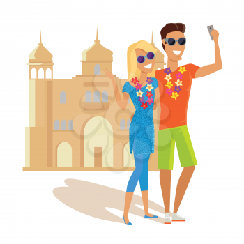 Summer vacation in India concept. Honeymoon in exotic country vector illustration. Selfie on background of famous historical monuments. Couple taking picture near asian historic building.