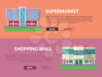 Supermarket web page horizontal templates. Flat design. Commercial building concept illustration for web design, banners. Shopping center, shopping mall, business center on color background.