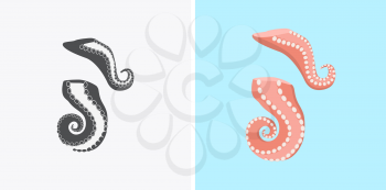 Sliced octopus tentacles vector patterns in color and monochrome variants. Seafood concept illustration in flat style design. Prepared octopus tentacles. Healthy eating marine products.