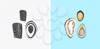 Oysters patterns in color and monochrome variants. Seafood concept icons in flat style design. Vector illustration fresh sea oyster. Healthy eating marine products.