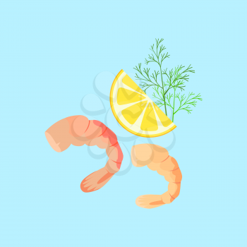 Cooked shrimp vector pattern. Flat style design. Fresh sea shrimp concept. Seafood illustration for packaging, logos. Healthy eating marine products. Bright red shrimp with lemon on blue background.