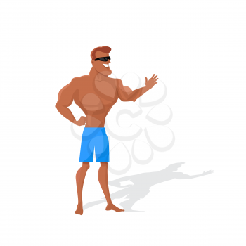 Muscular man character vector. Flat style design. Summer vacation. Physical exercise outdoors. Smiling man in good physical shape dressed in shorts and sunglasses standing on white background.