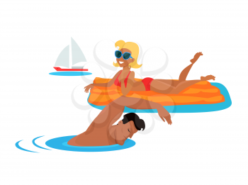 Summer fun concept illustration. Beach entertainments and swimming vector in flat style design. Man and woman relaxing in water on inflatable mattresses, yacht on background. Isolated on white.