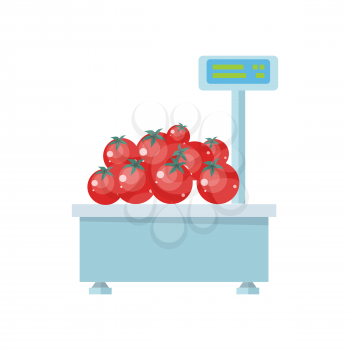 Tray with tomatoes on store scales vector. Flat design. Vegetables in supermarket illustration for stores, farms, signboards and ad. Weighing equipment for trade. Isolated on white background.