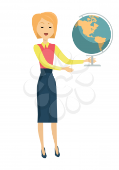 Blonde school teacher in red blouse and blue skirt. Smiling teacher with earth globe in hand. Stand in front. Learning process. Teacher isolated character. School personage. Vector illustration