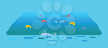 Sea or ocean vector template. Flat style. Waves on water surface with swimming whales and jumping color fishes. Illustration for summer, nature, ecological concepts, icons, web page design.