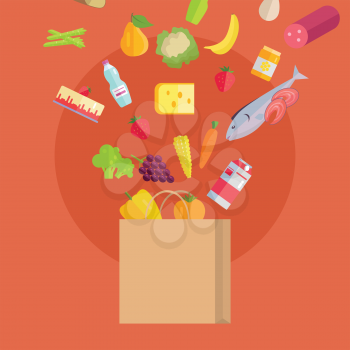 Grocery shopping vector concept. Purchases planning and buying fresh products for a week concept. Various foods falling in paper bag illustration for market, shop, food delivery ad, menu, prints.