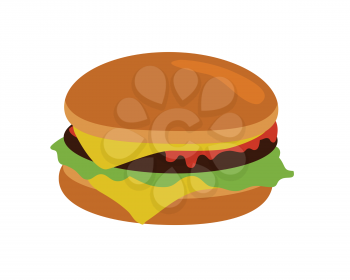 Gamburger banner. Hamburger with meat lettuce cheese onion and tomato. Junk food. Consumption of high calories nourishment fast food. Part of series of promotion healthy diet and good fit. Vector