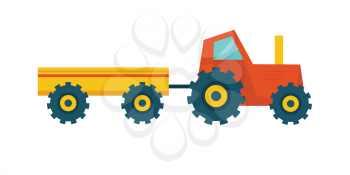 Tractor with trailer vector. Flat style design. Farm machinery and instruments concept. Illustration for farming and agricultural theme illustrating, app icons, ad, infographics. Isolated on white.