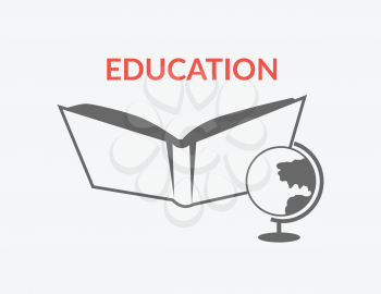 Education logo template icon. The book, next to a globe and the inscription education. Back To School concept. Vector illustration