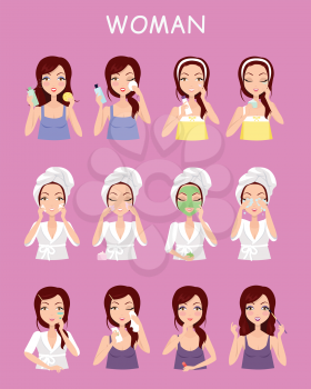 Woman instruction how to make up correctly. Washing cleaning tonization cream mask powder lotion base make up foundation. Girl cares about her look. Part of series of face care. Vector illustration