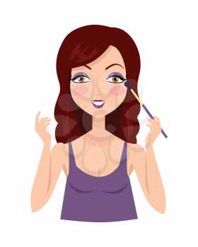 Girl making make up with eyeshadow brush. Using colored cosmetics in powder form, applied to eyelids or to skin around eyes to accentuate them. Part of series of ladies face care. Vector