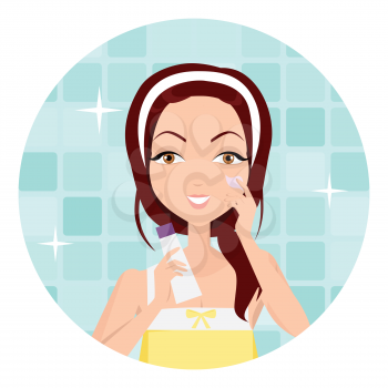 Cleansing. Girl clean her face with lotion. Cleaning with help of sponge. Woman instruction how to make up correctly. Girl cares about her look. Part of series of face care. Vector illustration