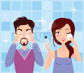 Man and woman cleaning and care her face, facial, treatment, beauty, healthy, hygiene, lifestyle. Cleaning makeup. Skin care. Process of washing face. Married couple in the bathroom