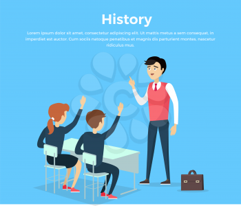 Subject of history education conceptual banner flat. Education study communication. Students college school and the university of sitting at their desks in a chair history lesson. Vector illustration