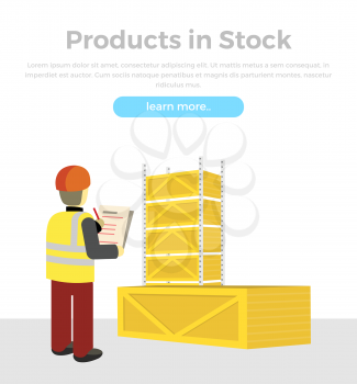 Products in stock. Delivery of goods banner. Packing product design in flat style. Package service, transportation parcel, deliver container, receive pack, send and logistics. Man checks boxes. Vector
