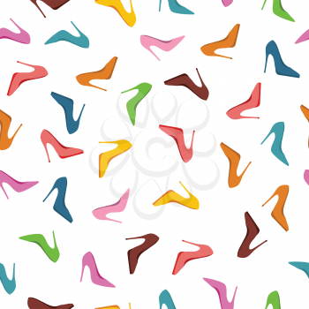 Seamless pattern high heels shoes. Fashion accessories illustration Abstract background with shoes of different colors. For shops, advertisements, banners, posters. New collection. Sale. Vector
