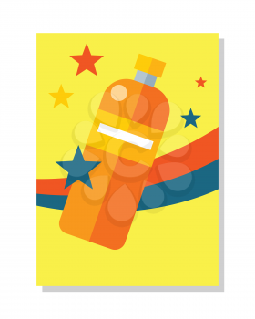 Bottle icon symball. Colorful plastic bottle with label. Bottle of juice, mineral water. Retail store element. For advertisements, banners, posters. Bottle of juice. Isolated vector illustration