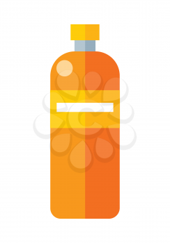 Orange plastic bottle with label. Illustration of bottle of mineral water. Plastic bottle icon. Retail store element. Simple drawing. Isolated vector illustration on white background.