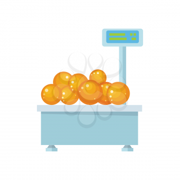 Tray with oranges on store scales vector. Flat design. Vegetables in supermarket illustration for stores, farms, signboards and ad. Weighing equipment for trade. Isolated on white background.