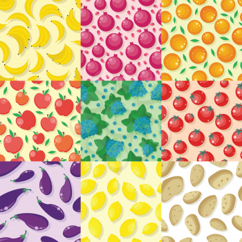 Set of fruits and vegetables seamless pattern vectors. Flat style. Banana, orange, apple, grape, lemon, potatoes, tomatoes, pomegranate, eggplant ornament for wallpapers web design backgrounds 