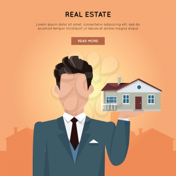 Real estate vector web banner in flat design. Businessman character holding house in hand. Realtor.  Illustration for real estate company web page design, advertising, housing concepts.