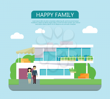 Happy family conceptual vector in flat style design. Couple standing near their modern house. Buying a new place for living. Illustration for real estate company advertising, housing concepts.