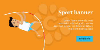 Pole vault sport template. Summer games colorful banner. Active way of life concept. Competitions, achievements, best results. Person uses long, flexible pole as an aid to jump over a bar. Vector