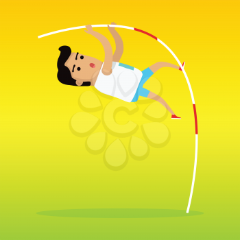 Pole vault sport template. Summer games colorful banner. Active way of life concept. Competitions, achievements, best results. Person uses long, flexible pole as an aid to jump over a bar. Vector