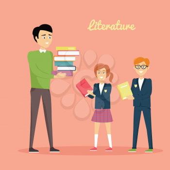 Literature reading concept. Vector in flat style. School lessons and library visiting illustration. Teacher with pile of books and pupils with textbooks in hands standing on color background.