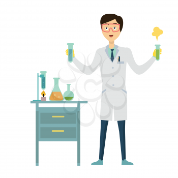 Chemistry banner concept flat style. Scientist chemist in a laboratory flask in hands holds a science experiment isolated on a white background. Technology research and experiment. Vector illustration