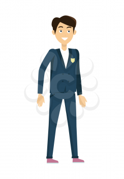 Schoolboy in blue jacket and pants. Smiling boy in school uniform. Stand in front. Schoolboy isolated character. School personage. Vector illustration on white background.