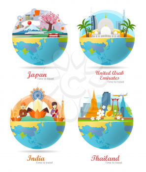 India, Emirates, Thailand, Japan travel posters design with attractions on the background of the globe. Time to travel. Travel composition with famous landmarks. Set of travel poster design in flat.
