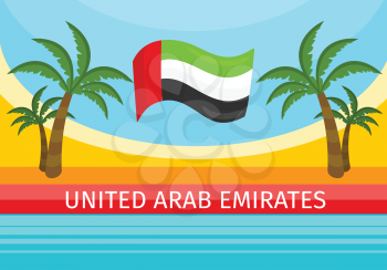 Welcome to UAE. United Arab Emirates travelling banner. Landscape with sea, palm trees and national flag. Beautiful nature. Part of series of travelling around the world. Vector illustration