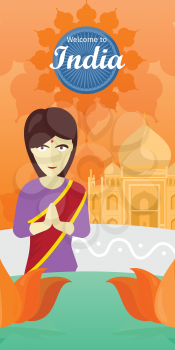 Welcome to India banner. Indian woman opposite the temple. Indian girl with crossed hands in colorful robe. Lady from India in national yoga standing behind abstract lotus flowers. Vector illustration