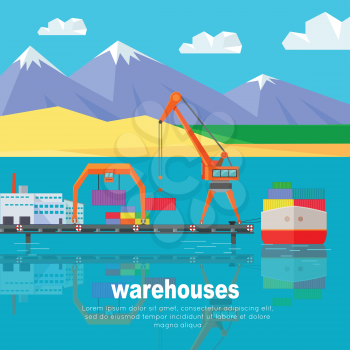 Ship worldwide warehouse delivering. Logistics container shipping and distribution. Transportation to any part of world. Delivering by water sea ocean. Loading and unloading boxes. Vector illustration